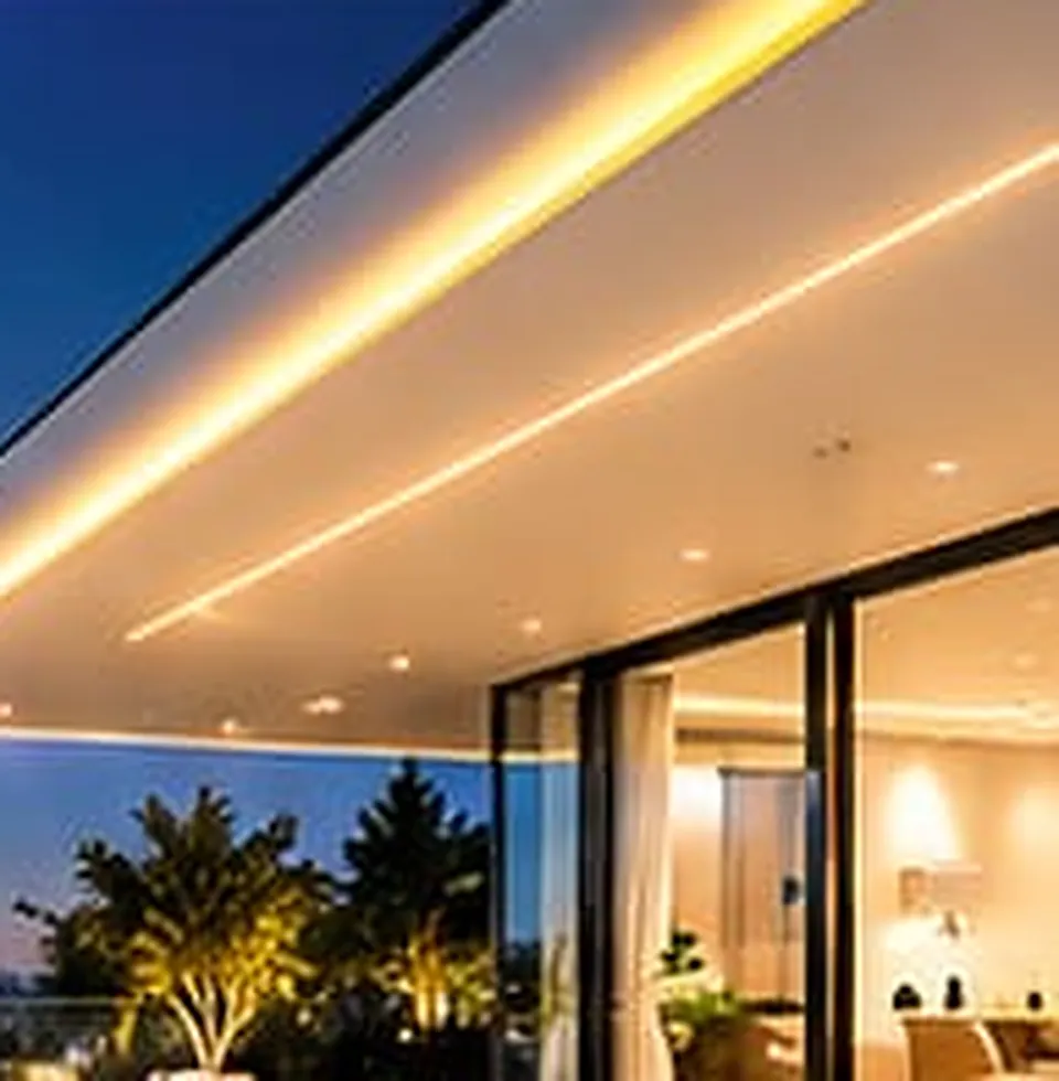 Architectural LED cove lighting on a modern facade at dusk
