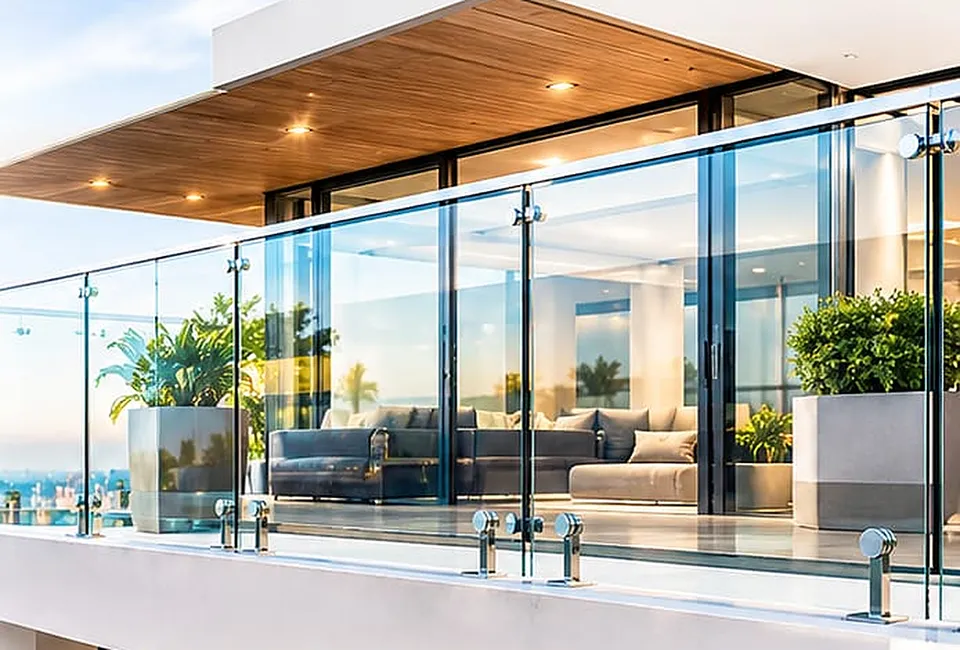 Frameless glass balcony and sliding glass facade of a modern home